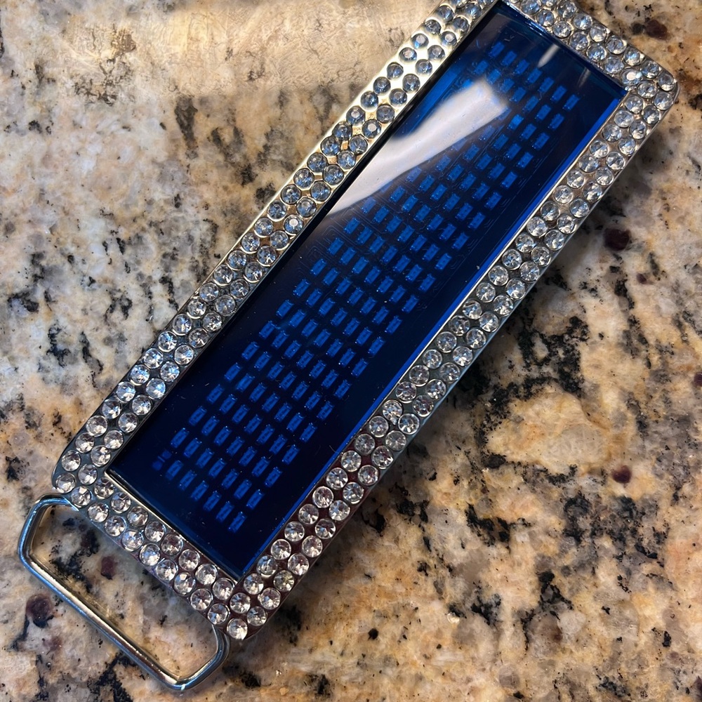Blue LED Display belt buckle. Rhinestones. programmable.